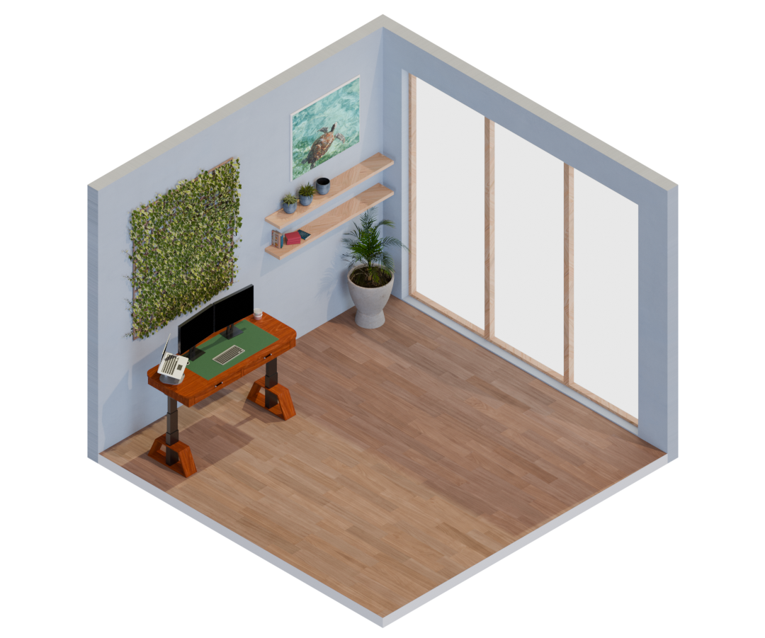 A 3D render of a bright room with a standing desk and a laptop, along with many decorative plants and books, symbolizing productivity and focus.